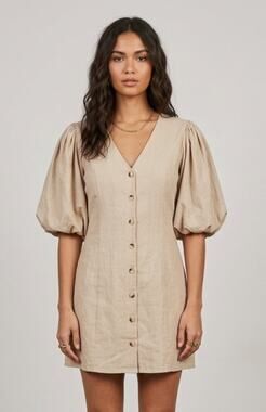 NWT Nasty Gal Beige Cotton-Linen Puff Sleeve Button Mini Dress 8 Summer Boho